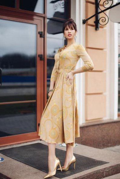 Embroidered gold midi dress